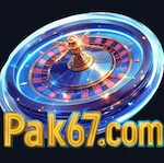 Pak 67.com logo featuring a blue roulette wheel with a golden spinner on a dark background.