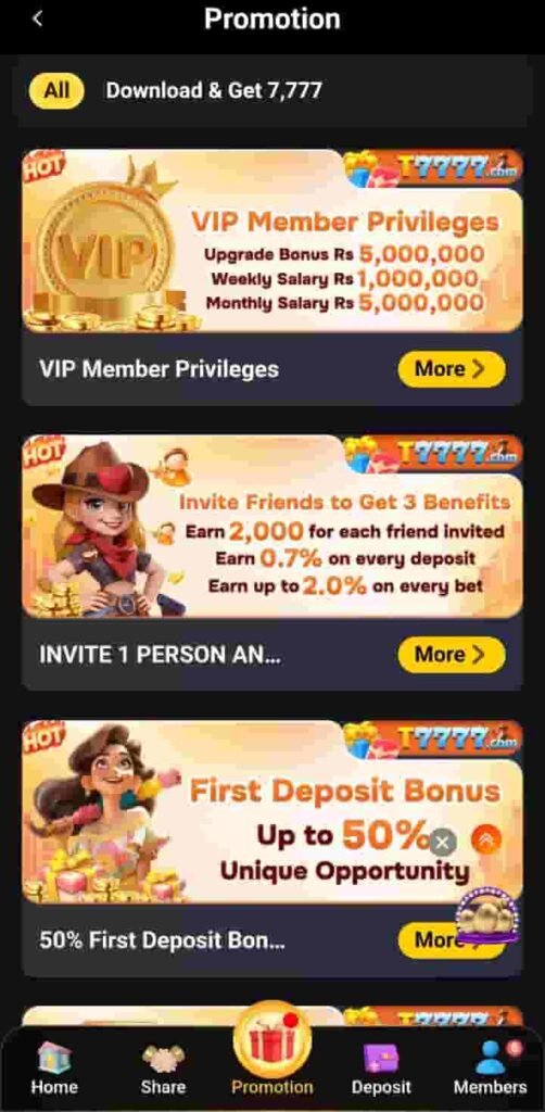 T7777 Game promotions page