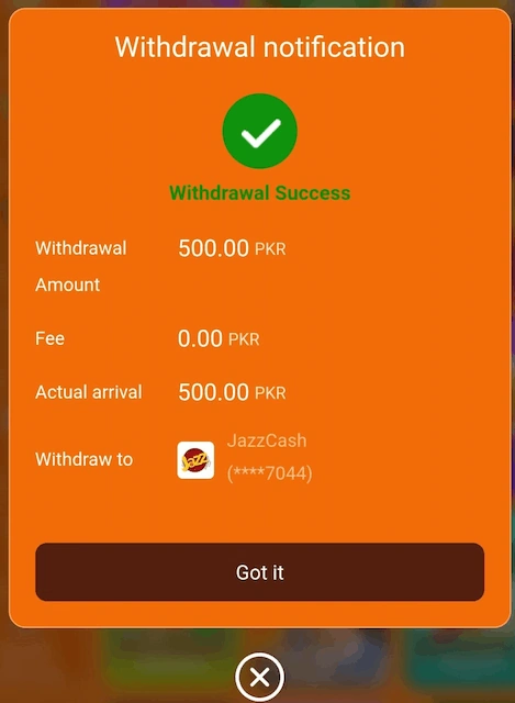 PKR 500 cash-out receipt