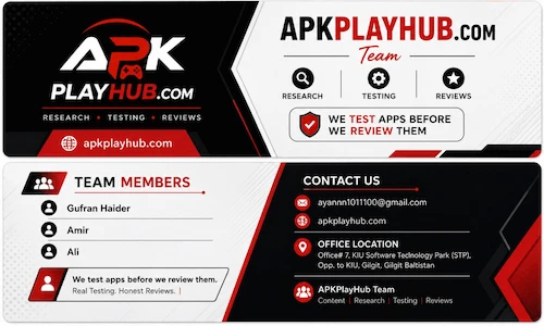 APKPlayHub Team card showing team members and contact information